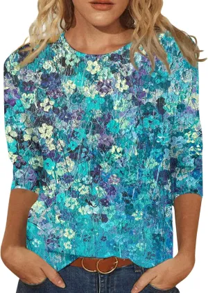 Womens 3/4 Sleeve Tops 2025 Summer Print Round Neck Shirts Loose Fit Three Quarter Sleeve Tshirts