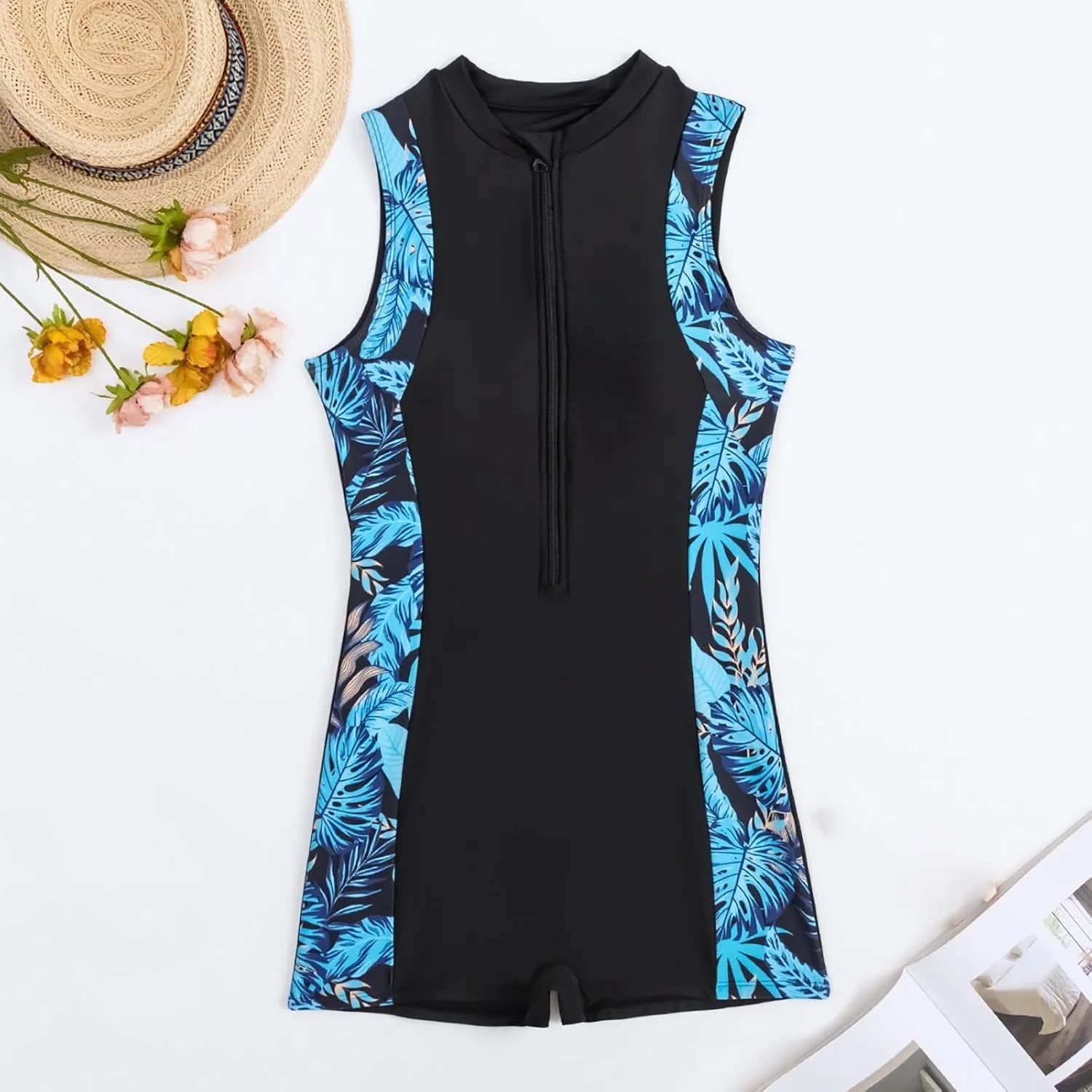 Women's Athletic Swimsuit One Piece Sleeveless Bathing Suit Fashion Colorblock Beach Board Swimwear for Surfing Swimming