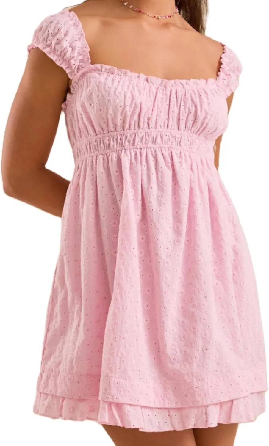 Womens Babydoll Mini Dress Y2K Sleeveless Square Neck Lace A-Line Ruffle Flowy Short Summer Beach Dress
