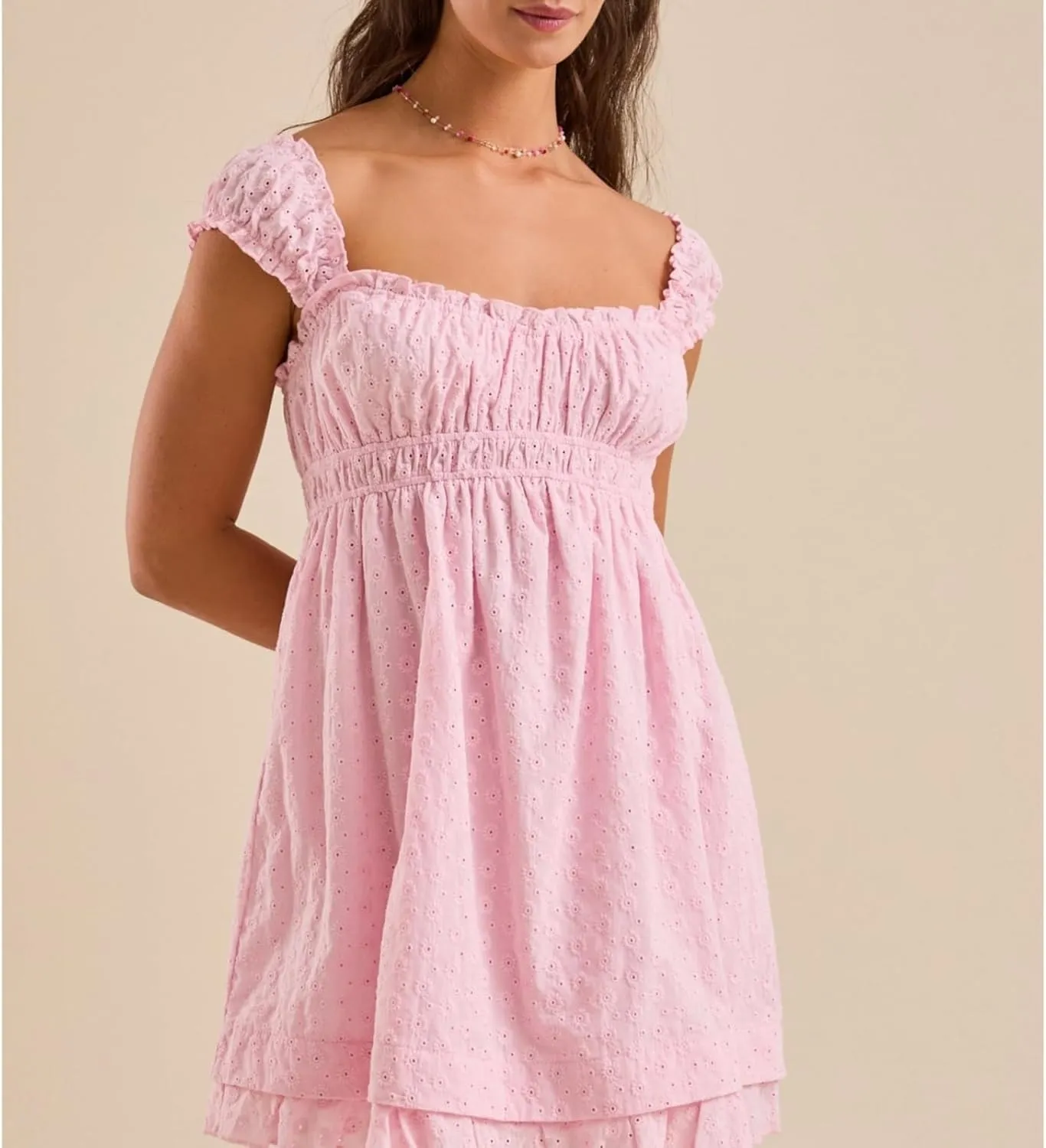 Womens Babydoll Mini Dress Y2K Sleeveless Square Neck Lace A-Line Ruffle Flowy Short Summer Beach Dress