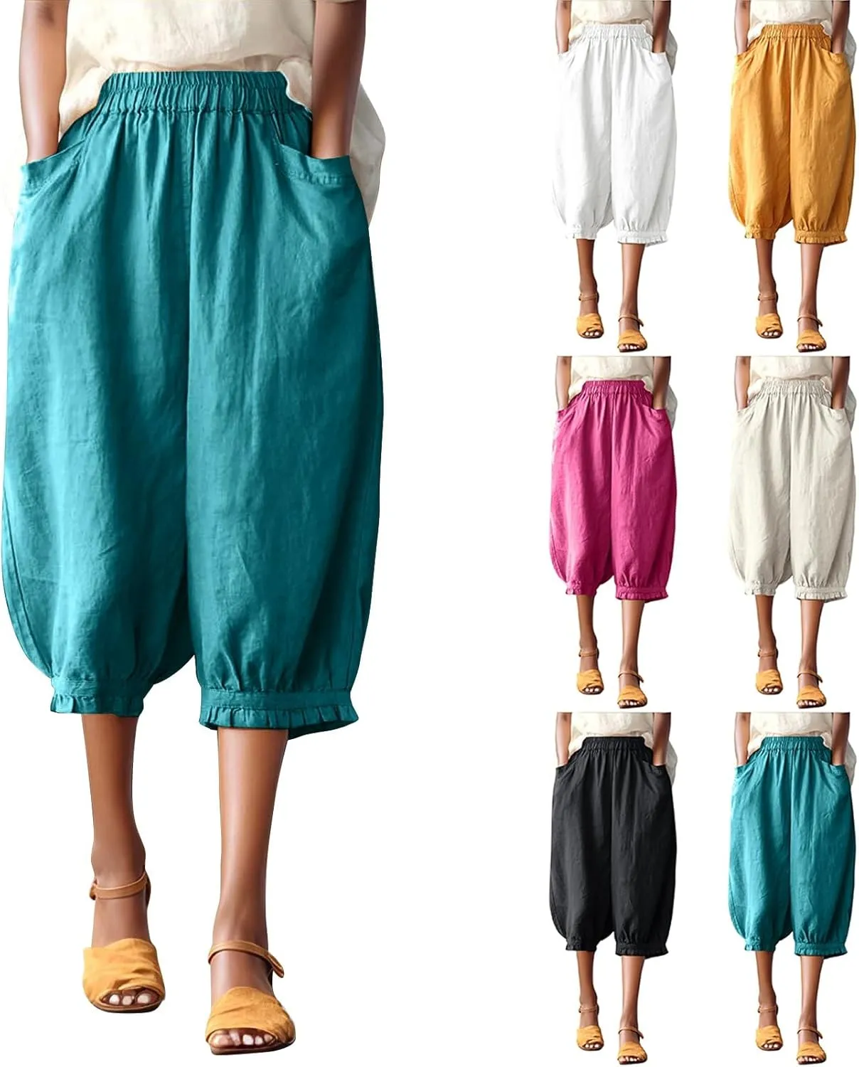 Womens Capris with Pockets 2025 Trendy Casual Linen Short Pants Lightweight Outdoor Hiking Pants Loose Beach Pants