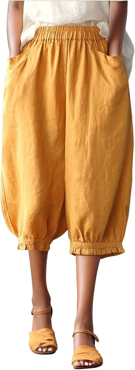 Womens Capris with Pockets 2025 Trendy Casual Linen Short Pants Lightweight Outdoor Hiking Pants Loose Beach Pants