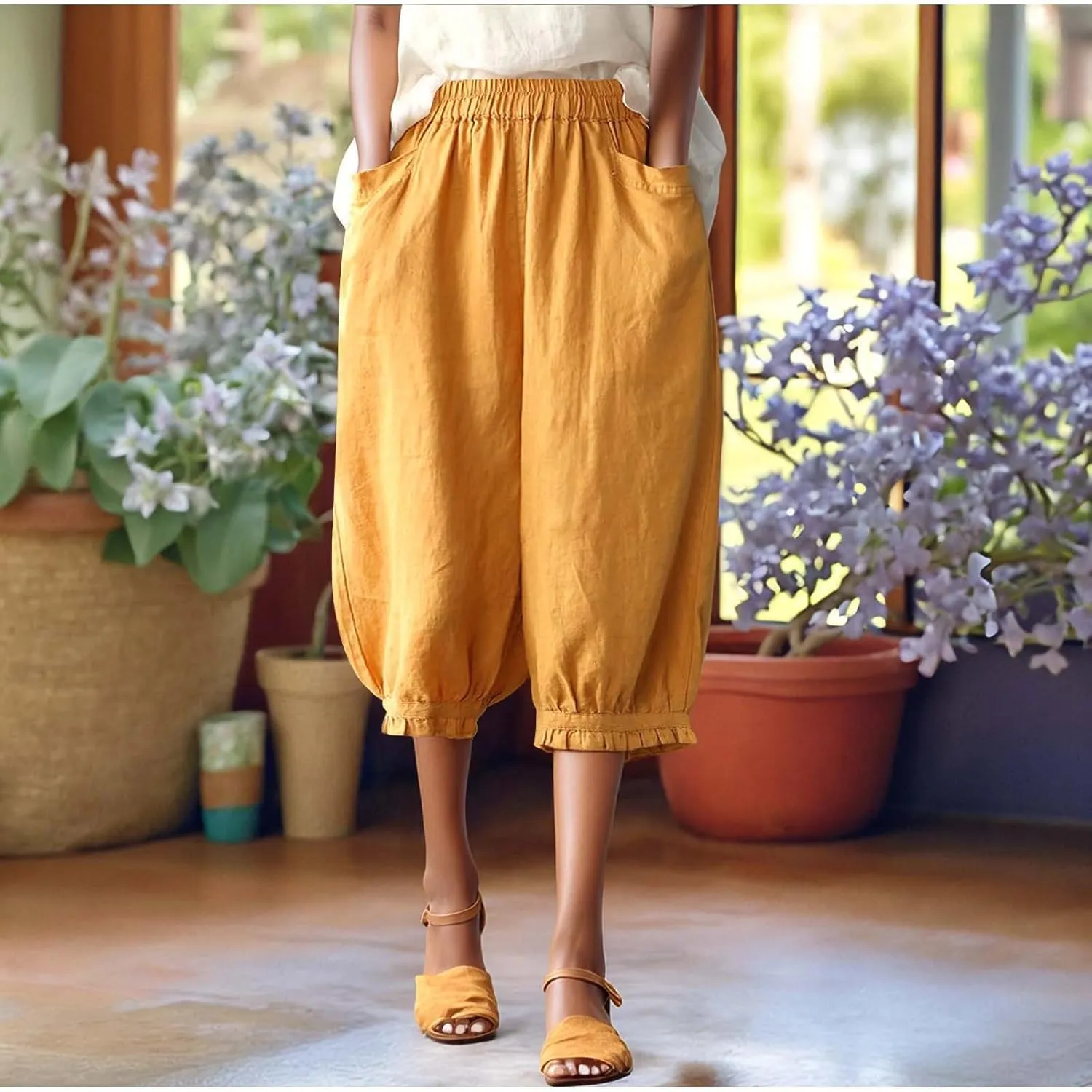 Womens Capris with Pockets 2025 Trendy Casual Linen Short Pants Lightweight Outdoor Hiking Pants Loose Beach Pants