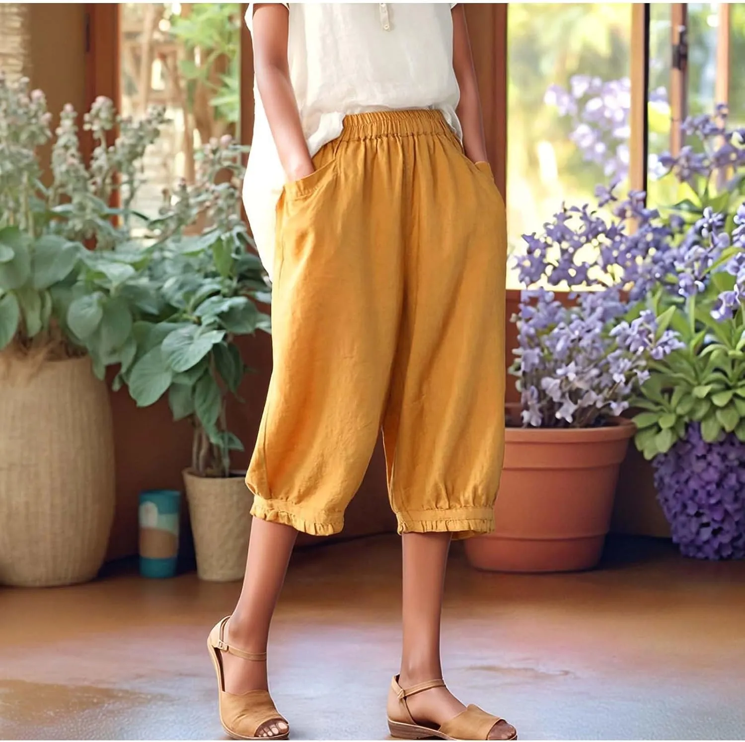 Womens Capris with Pockets 2025 Trendy Casual Linen Short Pants Lightweight Outdoor Hiking Pants Loose Beach Pants