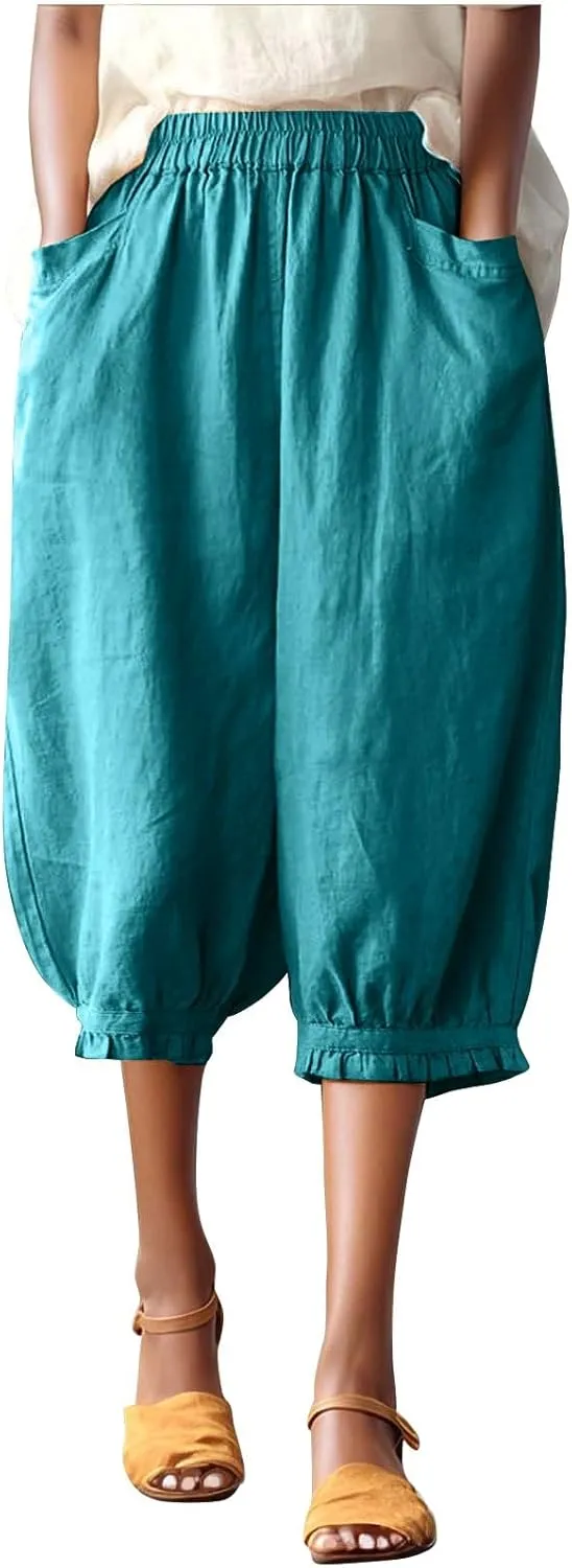 Womens Capris with Pockets 2025 Trendy Casual Linen Short Pants Lightweight Outdoor Hiking Pants Loose Beach Pants