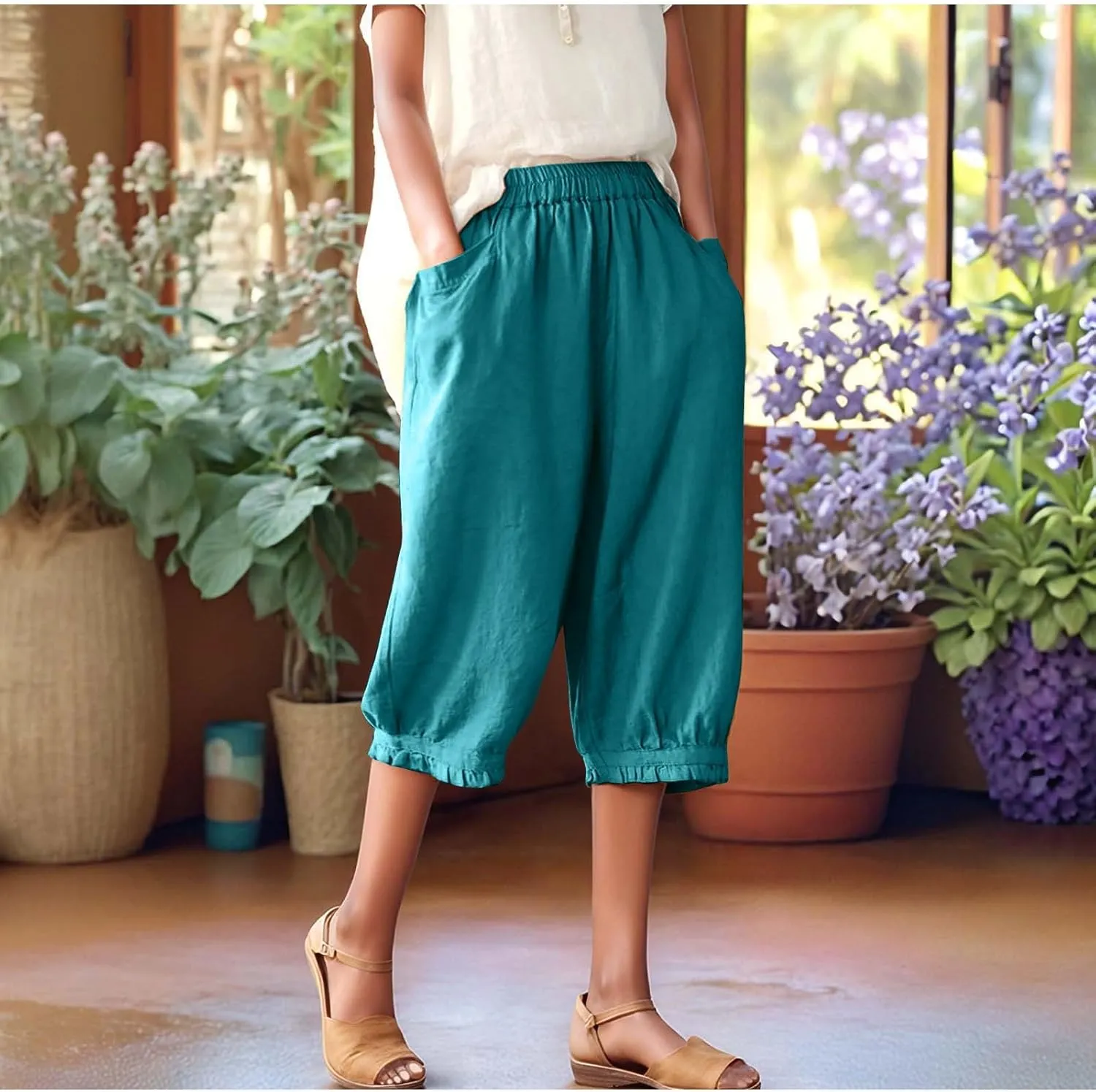 Womens Capris with Pockets 2025 Trendy Casual Linen Short Pants Lightweight Outdoor Hiking Pants Loose Beach Pants