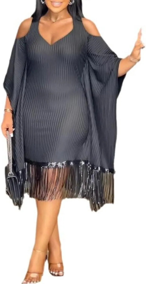 Womens Dresses Casual Midi Lenght Fringe Dress Plus Size Sequins Batwing Sleeve Tassel Hem Wrap Dresses