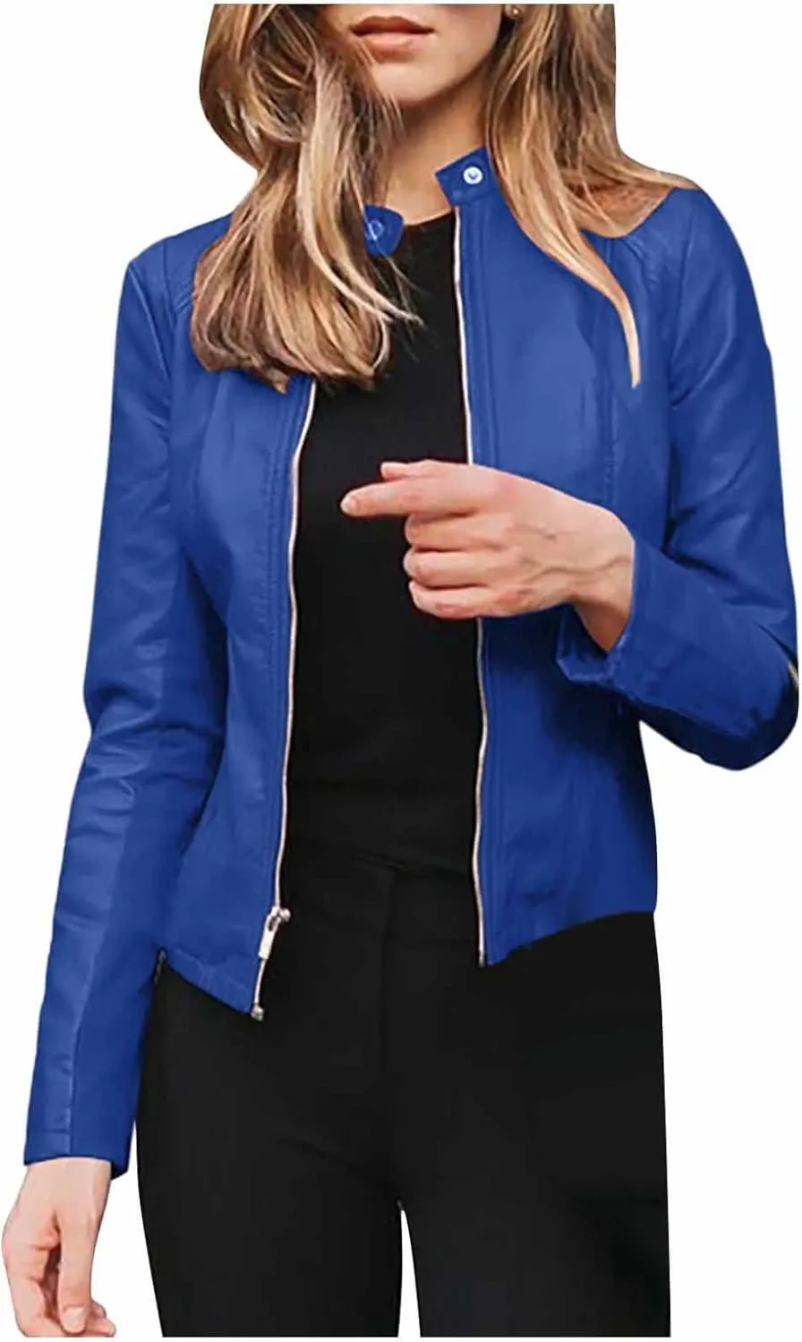 Womens Faux Leather Jacket 2024 Fashion Fall Clothes Zip Up Cropped Jackets Lightweight Motorcycle Biker Coats