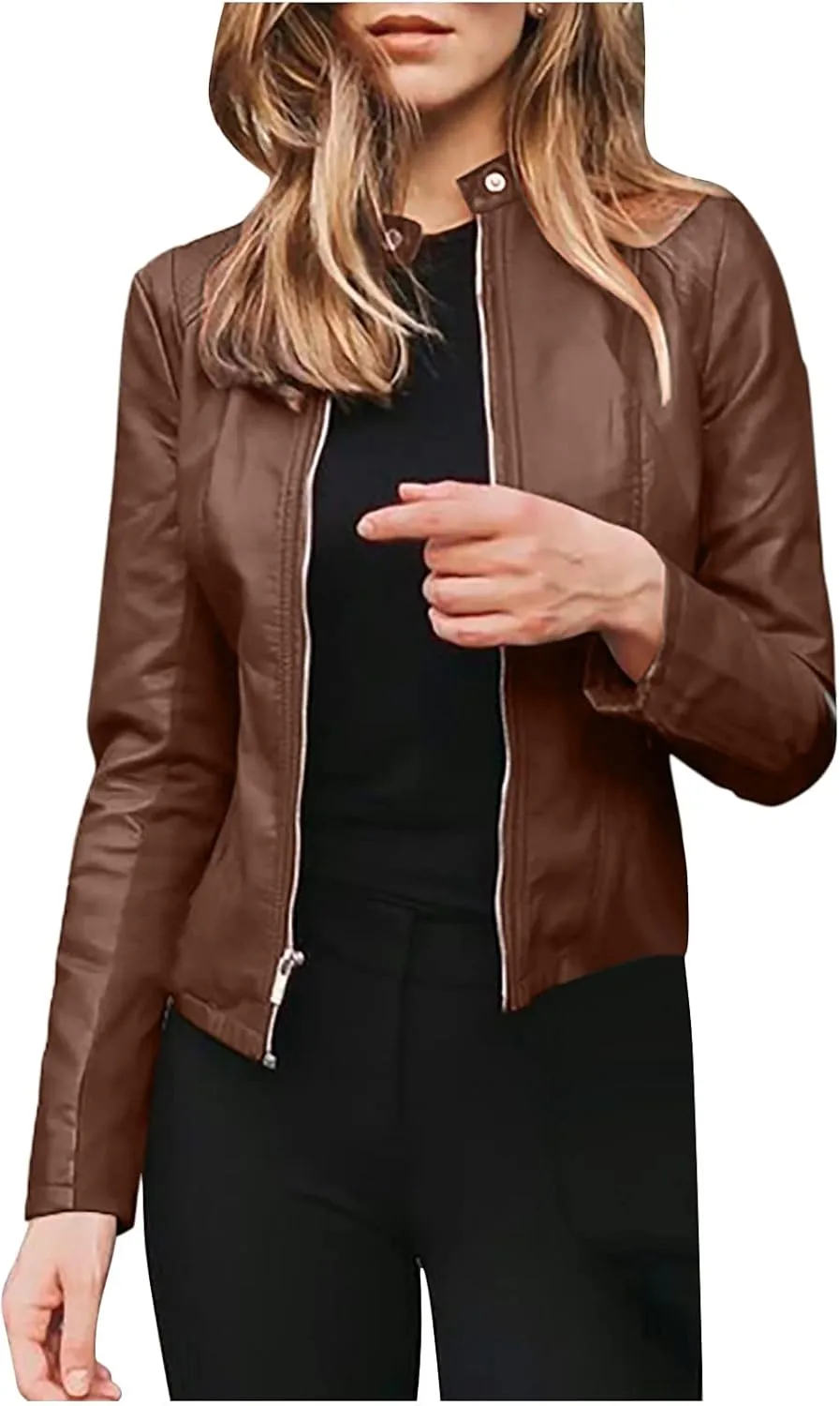 Womens Faux Leather Jacket 2024 Fashion Fall Clothes Zip Up Cropped Jackets Lightweight Motorcycle Biker Coats