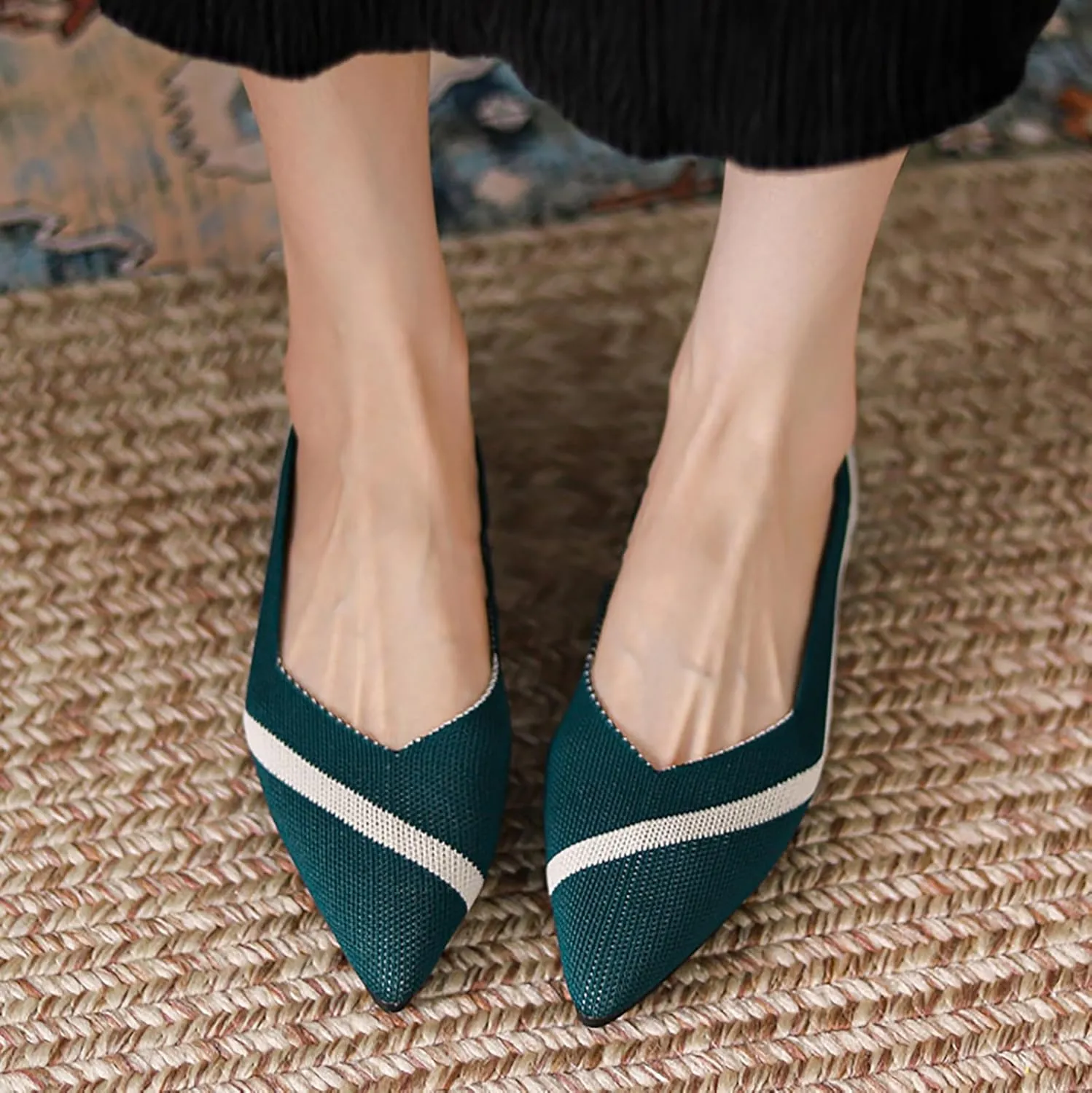 Women's Flats Shoes Pointed Toe Knit Ballet Comfortable Dressy Slip On Flat Classic Ballet Office Work Shoes