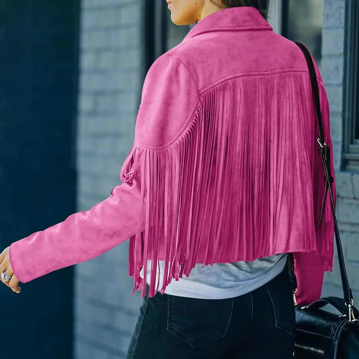 Women's Fringe Jackets Suede Tassel Jacket Crop Moto Biker Jackets Open Front Tassel Coat Western Cowgitl Outfits