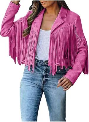 Women's Fringe Jackets Suede Tassel Jacket Crop Moto Biker Jackets Open Front Tassel Coat Western Cowgitl Outfits