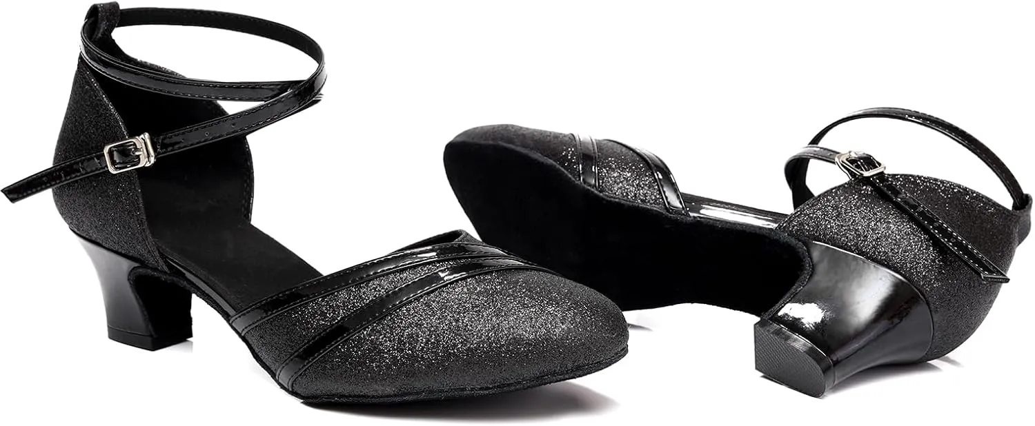 Women's Glitter Latin Dance Shoes Closed Toe Ballroom Salsa Performance Dancing Pratice Shoes