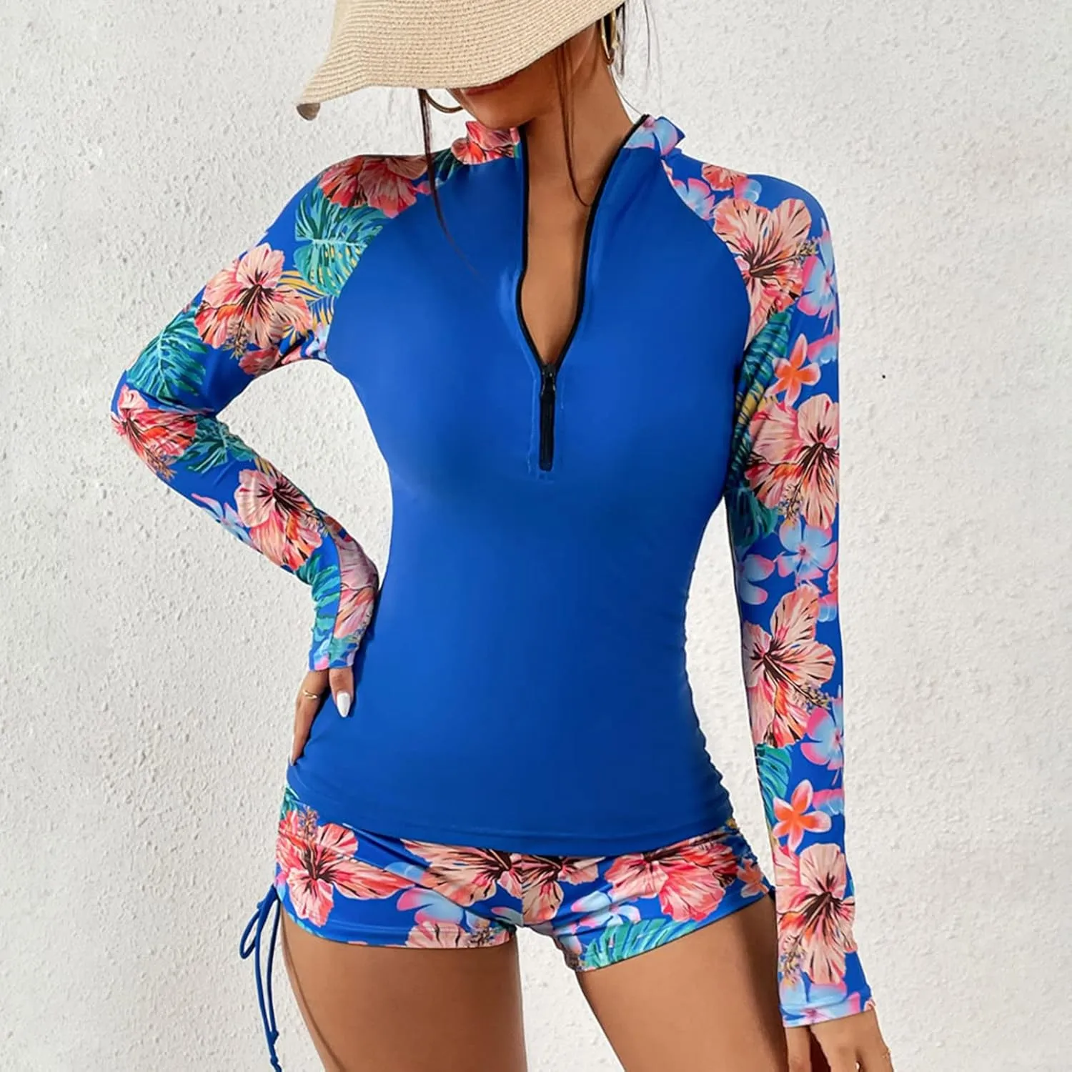 Womens Long Sleeve Rashguard UPF 50  Two Piece Swimsuit with Bottom Bulid in Bra Sun Protection Zipper Bathing Suits
