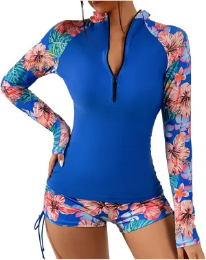 Womens Long Sleeve Rashguard UPF 50  Two Piece Swimsuit with Bottom Bulid in Bra Sun Protection Zipper Bathing Suits