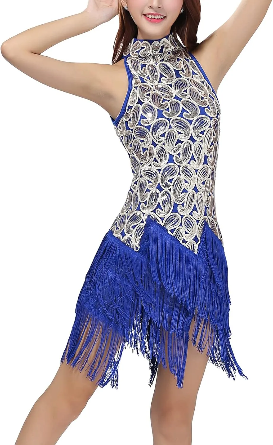 Women's Mock Neck Sequin Tassel Fringe Flapper Dress - Salsa Latin Dance, Roaring 1920s Ballroom, Rave Party, Cocktail