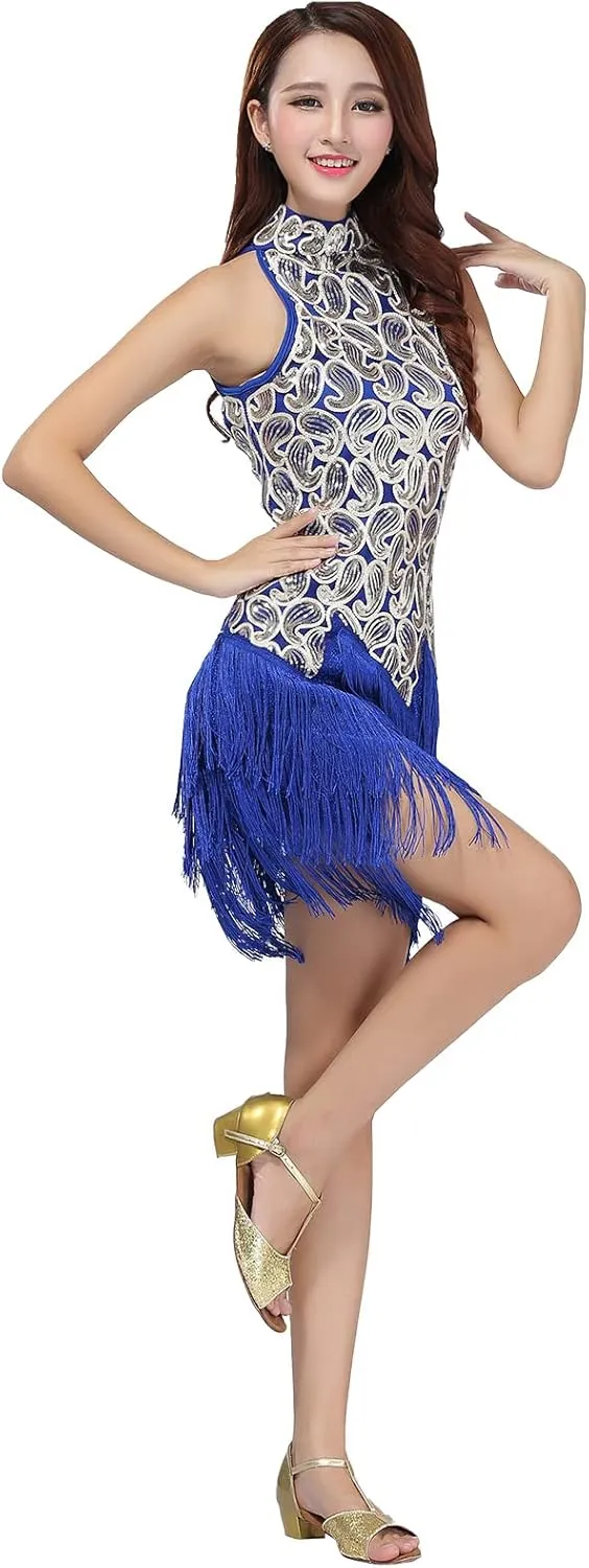 Women's Mock Neck Sequin Tassel Fringe Flapper Dress - Salsa Latin Dance, Roaring 1920s Ballroom, Rave Party, Cocktail