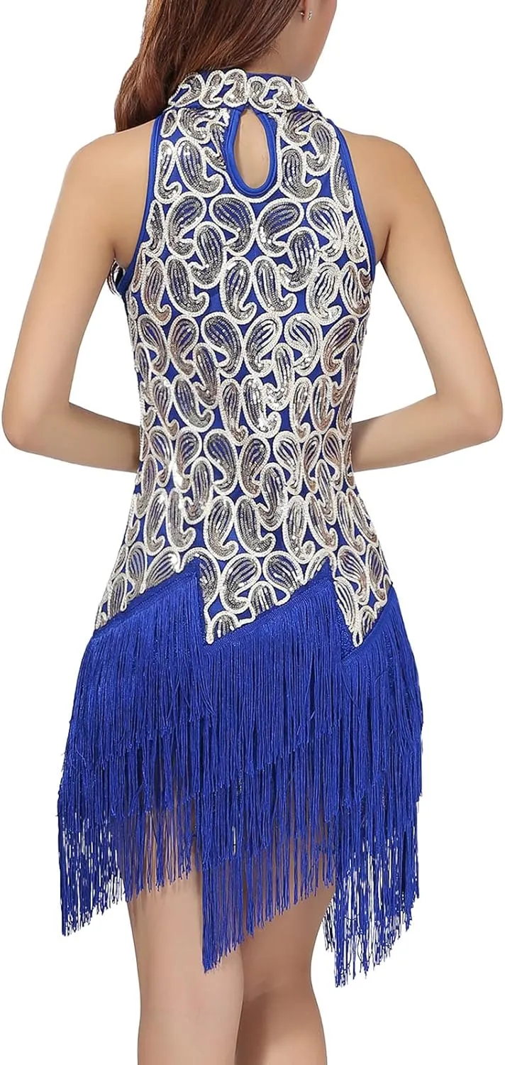 Women's Mock Neck Sequin Tassel Fringe Flapper Dress - Salsa Latin Dance, Roaring 1920s Ballroom, Rave Party, Cocktail