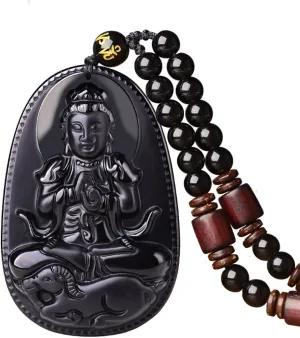 Women's Necklaces Men's Necklaces Classic Fashion Natural Black Obsidian Gem Amulet Totem Obsidian Pendant Necklac (Vairocana-Sheep)