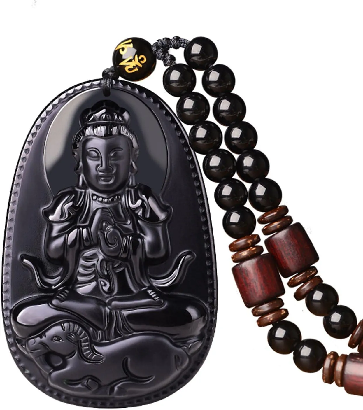 Women's Necklaces Men's Necklaces Classic Fashion Natural Black Obsidian Gem Amulet Totem Obsidian Pendant Necklac (Vairocana-Sheep)