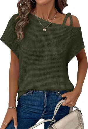 Womens Oversized Short Sleeve Mock Neck Sweater Summer Off One Shoulder Waffle Knit Tops Blouses