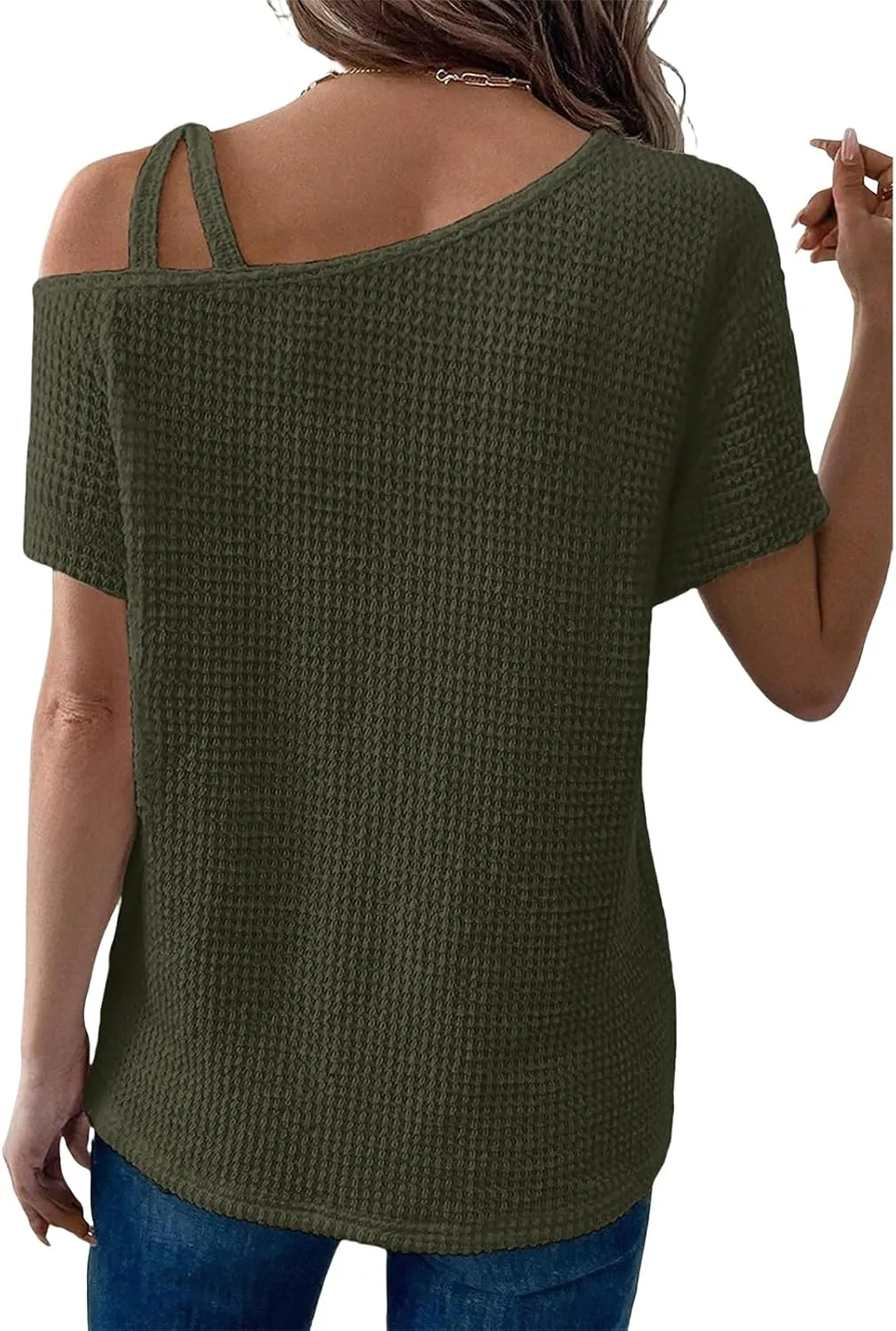 Womens Oversized Short Sleeve Mock Neck Sweater Summer Off One Shoulder Waffle Knit Tops Blouses