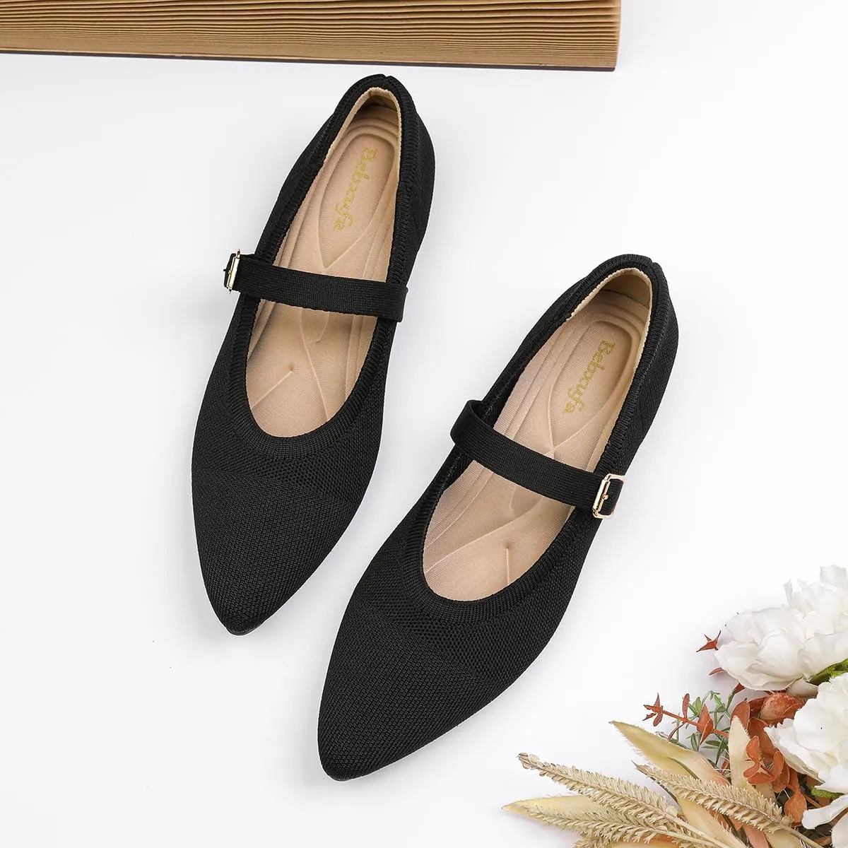 Women's Pointed Toe Knit Mary Jane Ballet Flats for Office Casual Wear Stretchy Dressy Slip-On Shoes with Arch Support