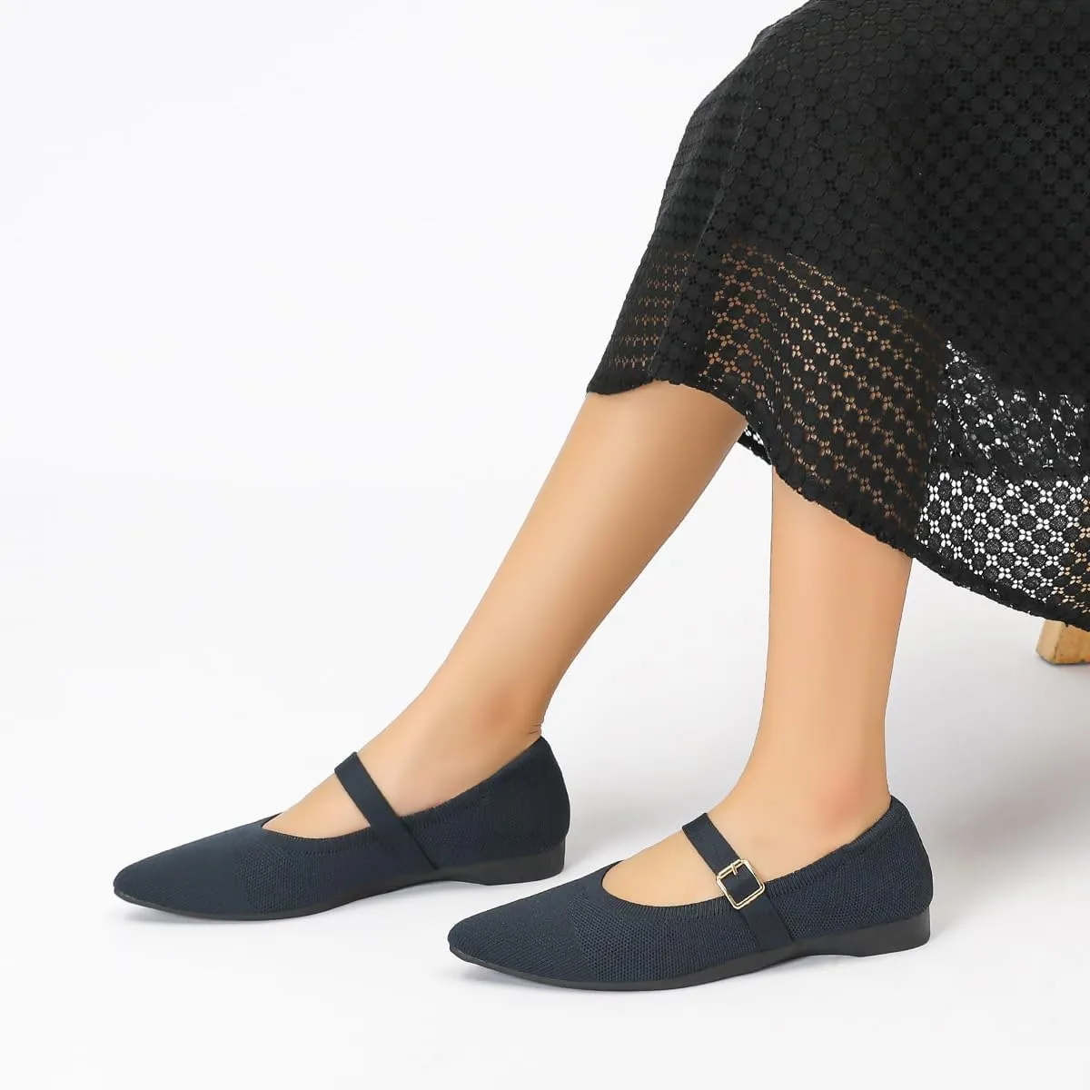 Women's Pointed Toe Knit Mary Jane Ballet Flats for Office Casual Wear Stretchy Dressy Slip-On Shoes with Arch Support