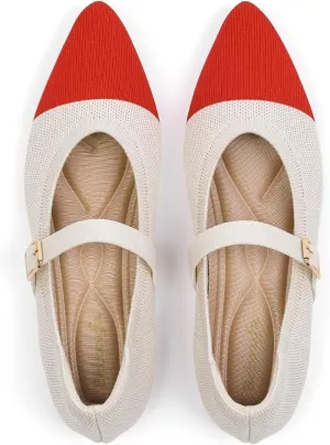 Women's Pointed Toe Knit Mary Jane Ballet Flats for Office Casual Wear Stretchy Dressy Slip-On Shoes with Arch Support