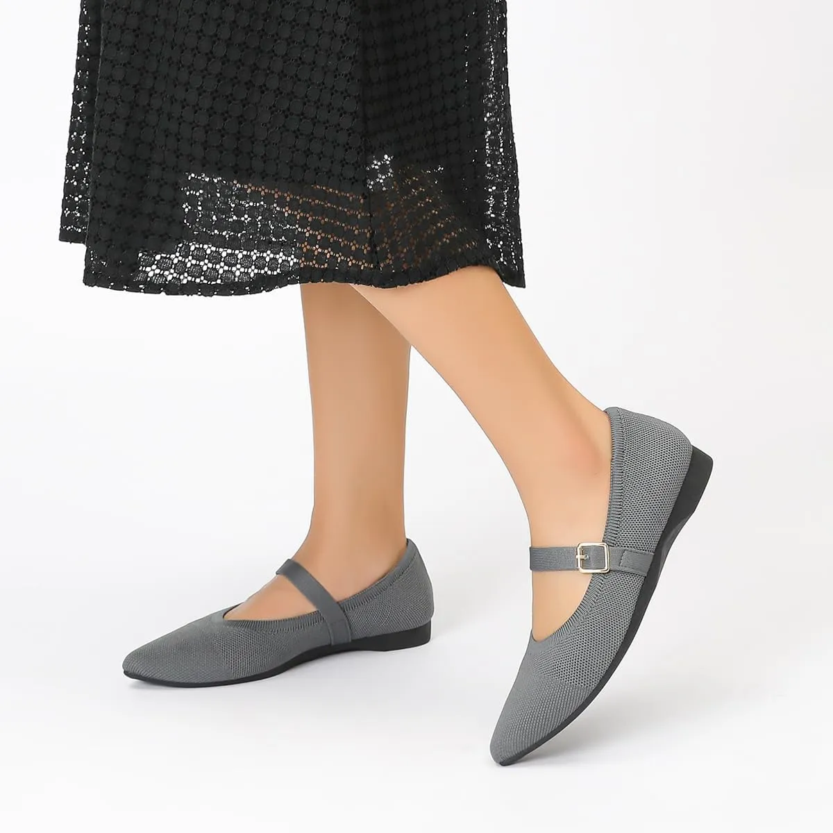 Women's Pointed Toe Knit Mary Jane Ballet Flats for Office Casual Wear Stretchy Dressy Slip-On Shoes with Arch Support