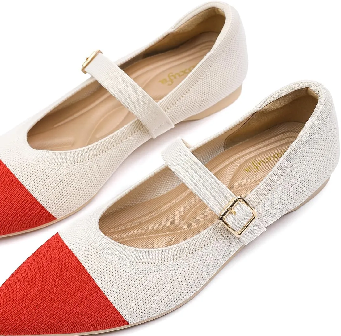 Women's Pointed Toe Knit Mary Jane Ballet Flats for Office Casual Wear Stretchy Dressy Slip-On Shoes with Arch Support