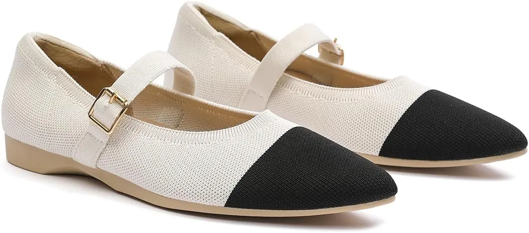 Women's Pointed Toe Knit Mary Jane Ballet Flats for Office Casual Wear Stretchy Dressy Slip-On Shoes with Arch Support