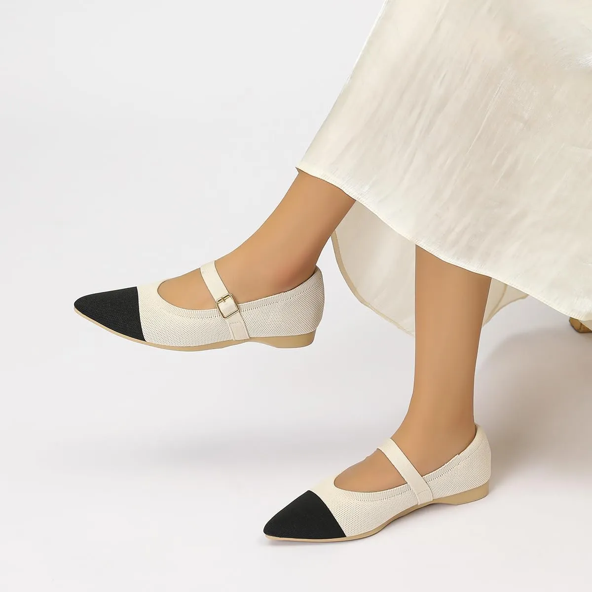 Women's Pointed Toe Knit Mary Jane Ballet Flats for Office Casual Wear Stretchy Dressy Slip-On Shoes with Arch Support