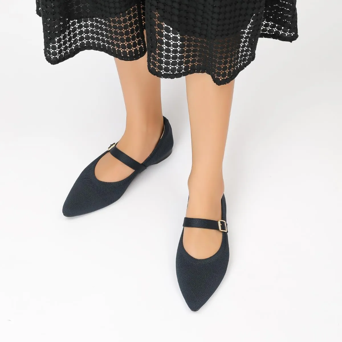 Women's Pointed Toe Knit Mary Jane Ballet Flats for Office Casual Wear Stretchy Dressy Slip-On Shoes with Arch Support
