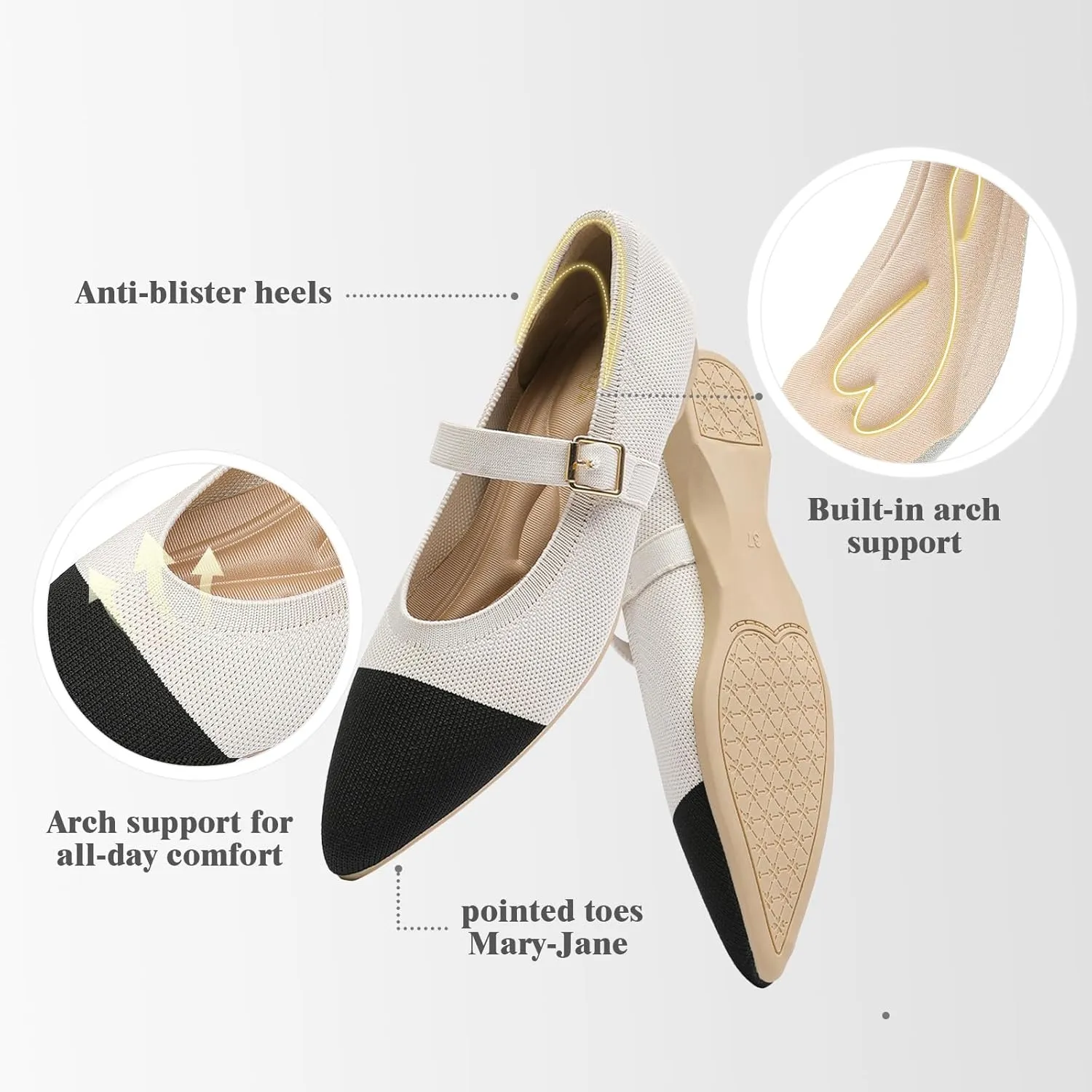 Women's Pointed Toe Knit Mary Jane Ballet Flats for Office Casual Wear Stretchy Dressy Slip-On Shoes with Arch Support