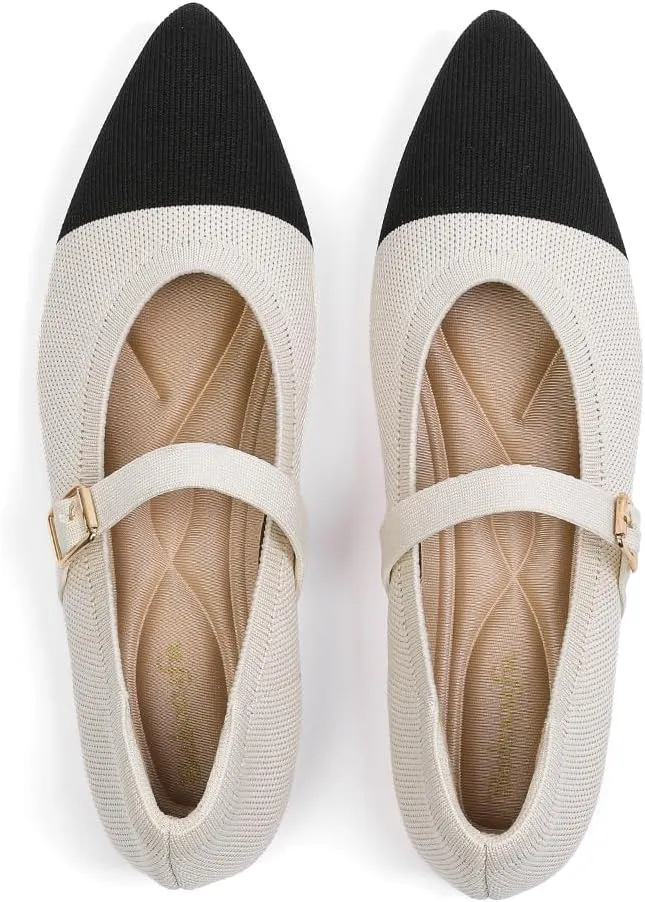 Women's Pointed Toe Knit Mary Jane Ballet Flats for Office Casual Wear Stretchy Dressy Slip-On Shoes with Arch Support