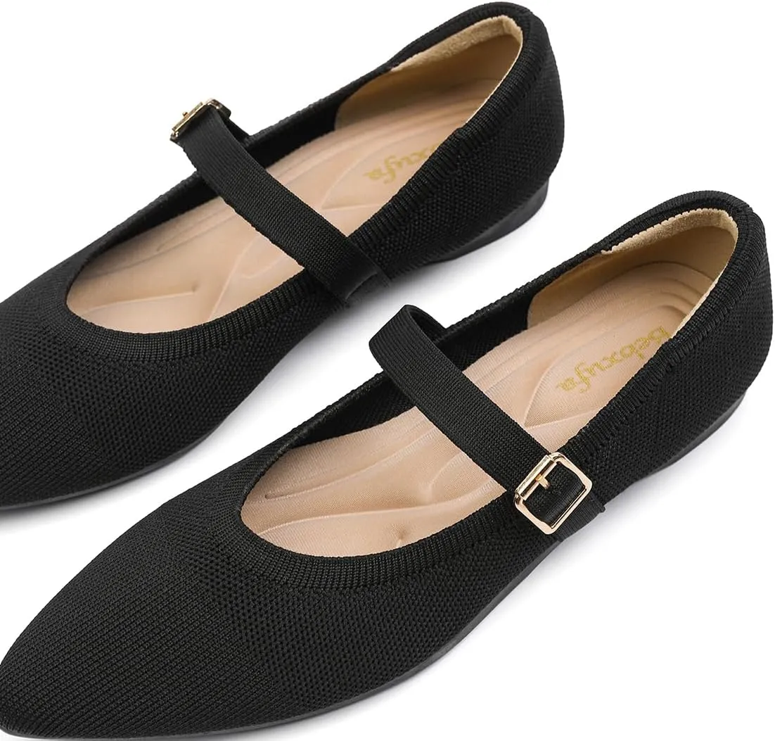 Women's Pointed Toe Knit Mary Jane Ballet Flats for Office Casual Wear Stretchy Dressy Slip-On Shoes with Arch Support