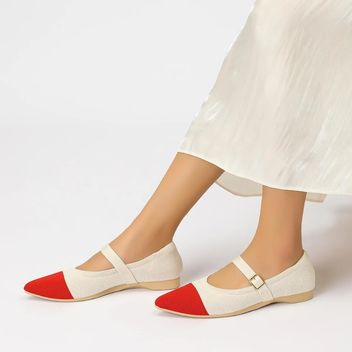 Women's Pointed Toe Knit Mary Jane Ballet Flats for Office Casual Wear Stretchy Dressy Slip-On Shoes with Arch Support