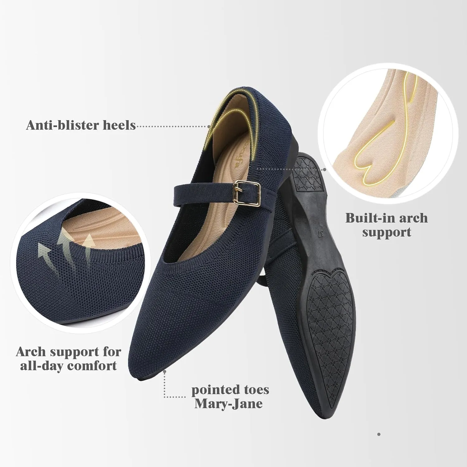 Women's Pointed Toe Knit Mary Jane Ballet Flats for Office Casual Wear Stretchy Dressy Slip-On Shoes with Arch Support