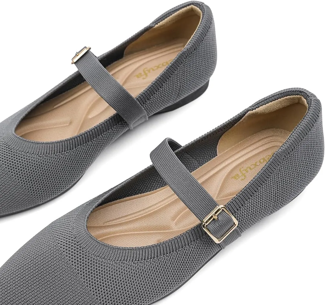 Women's Pointed Toe Knit Mary Jane Ballet Flats for Office Casual Wear Stretchy Dressy Slip-On Shoes with Arch Support