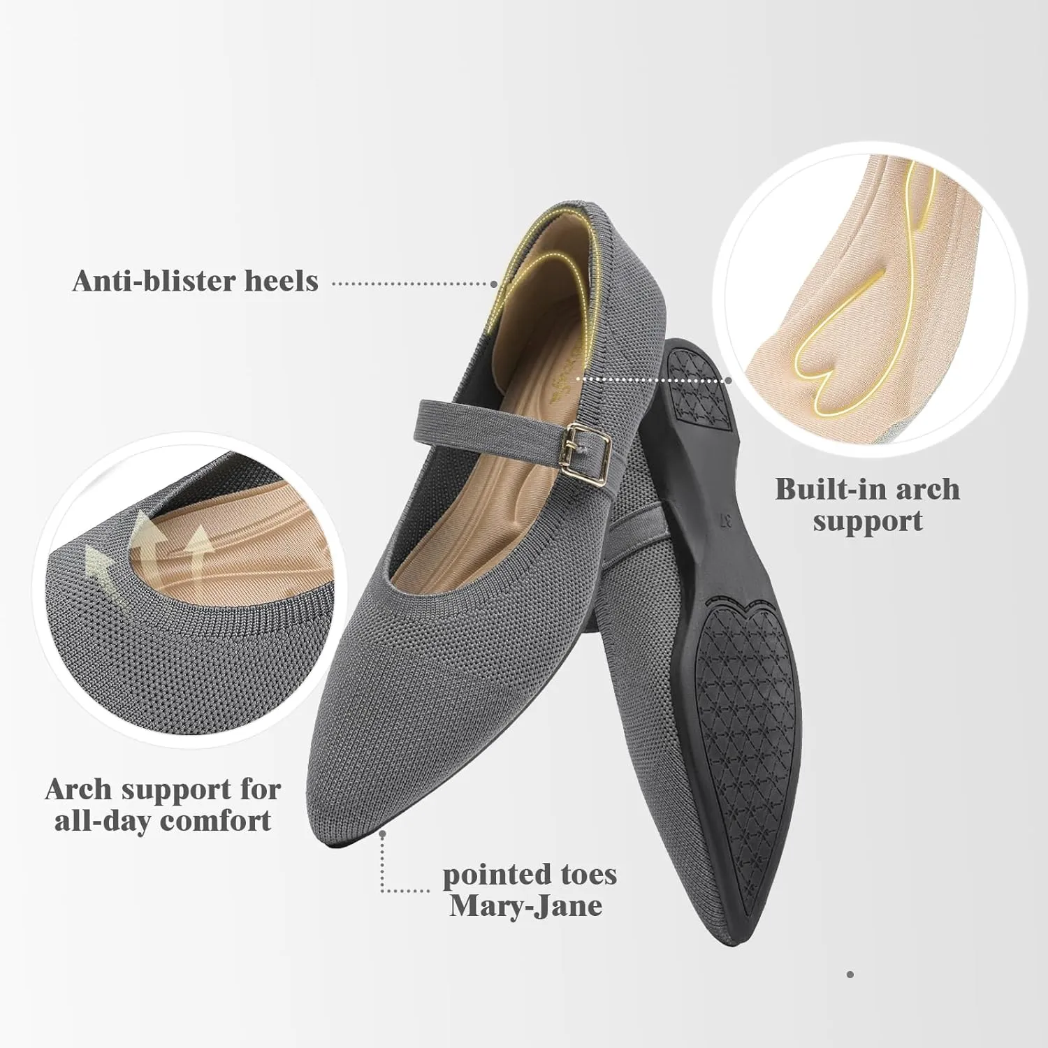 Women's Pointed Toe Knit Mary Jane Ballet Flats for Office Casual Wear Stretchy Dressy Slip-On Shoes with Arch Support