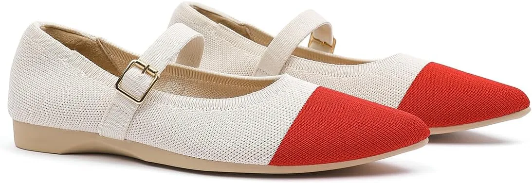 Women's Pointed Toe Knit Mary Jane Ballet Flats for Office Casual Wear Stretchy Dressy Slip-On Shoes with Arch Support