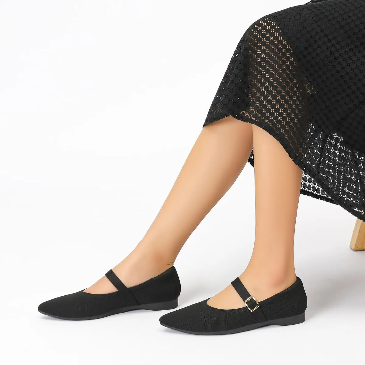 Women's Pointed Toe Knit Mary Jane Ballet Flats for Office Casual Wear Stretchy Dressy Slip-On Shoes with Arch Support