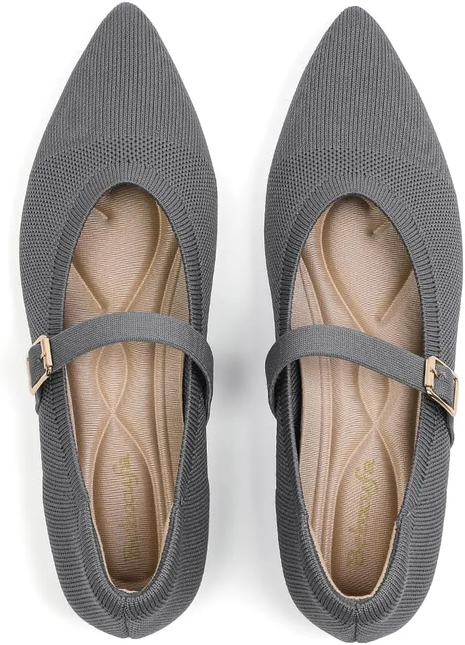 Women's Pointed Toe Knit Mary Jane Ballet Flats for Office Casual Wear Stretchy Dressy Slip-On Shoes with Arch Support
