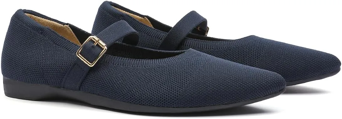 Women's Pointed Toe Knit Mary Jane Ballet Flats for Office Casual Wear Stretchy Dressy Slip-On Shoes with Arch Support