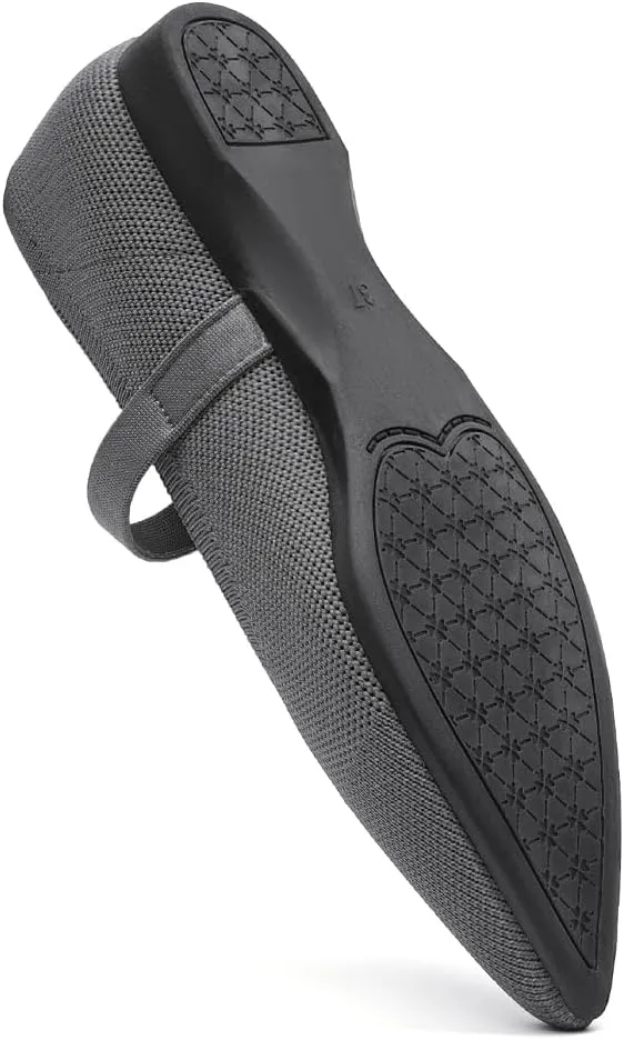 Women's Pointed Toe Knit Mary Jane Ballet Flats for Office Casual Wear Stretchy Dressy Slip-On Shoes with Arch Support