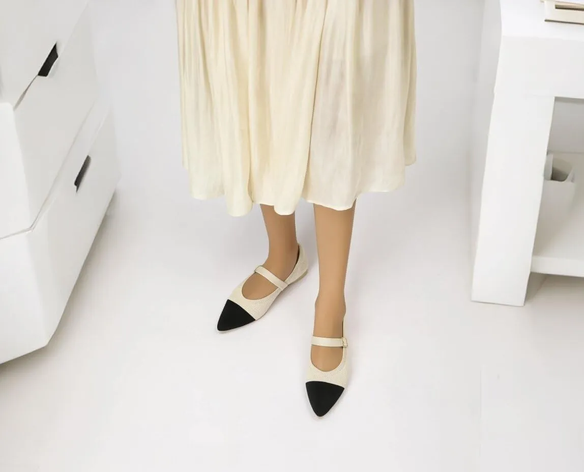 Women's Pointed Toe Knit Mary Jane Ballet Flats for Office Casual Wear Stretchy Dressy Slip-On Shoes with Arch Support