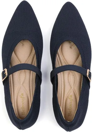 Women's Pointed Toe Knit Mary Jane Ballet Flats for Office Casual Wear Stretchy Dressy Slip-On Shoes with Arch Support
