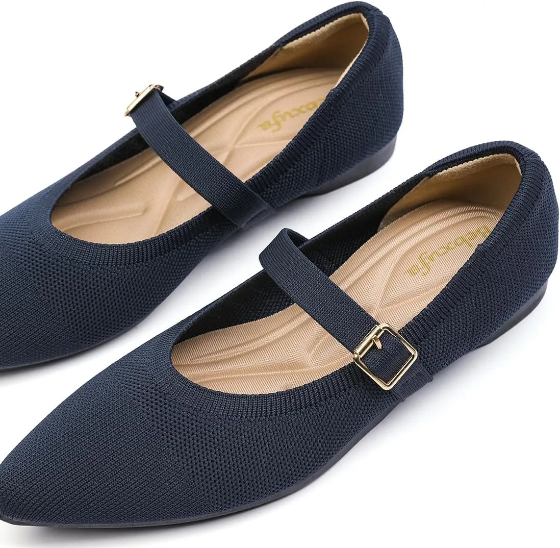 Women's Pointed Toe Knit Mary Jane Ballet Flats for Office Casual Wear Stretchy Dressy Slip-On Shoes with Arch Support