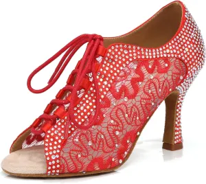 Women's Rhinestone Dance Shoes Ankle Boots Glitter Lace up Open Toe Ballroom Latin Salsa Tango Wedding Party, Model X064
